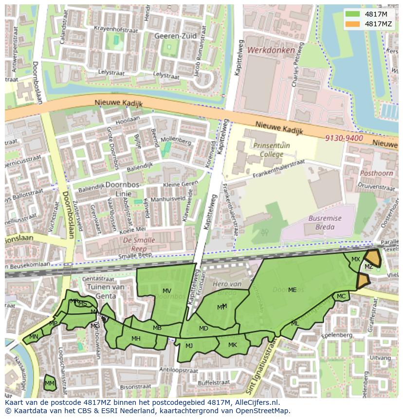 Afbeelding van het postcodegebied 4817 MZ op de kaart.