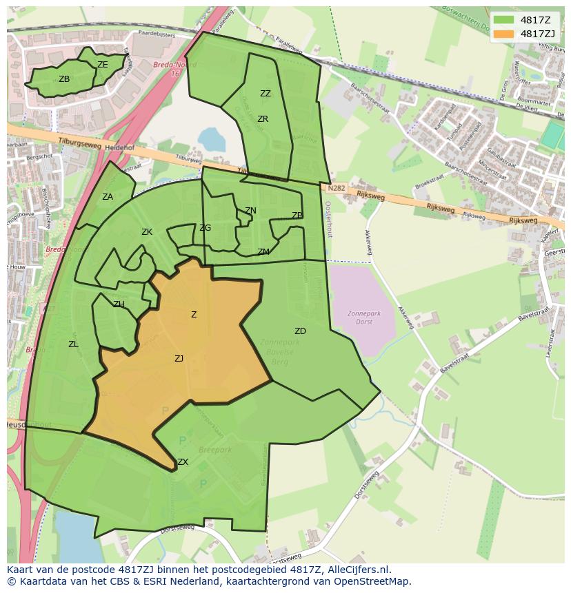 Afbeelding van het postcodegebied 4817 ZJ op de kaart.