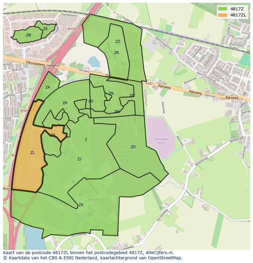 Afbeelding van het postcodegebied 4817 ZL op de kaart.