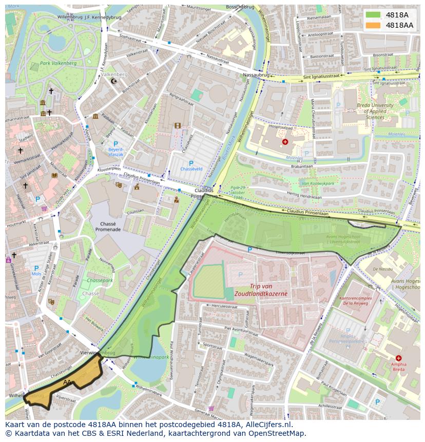 Afbeelding van het postcodegebied 4818 AA op de kaart.