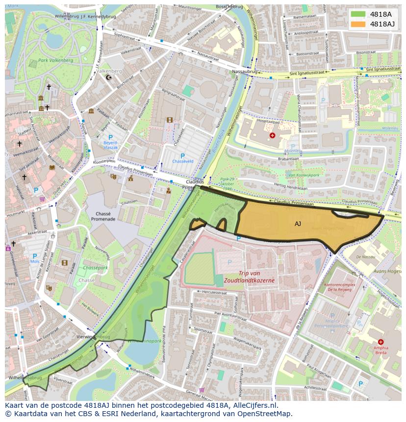 Afbeelding van het postcodegebied 4818 AJ op de kaart.