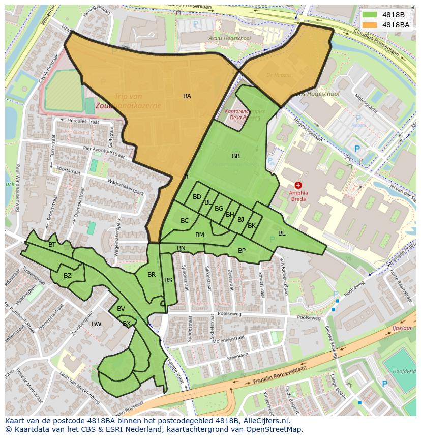 Afbeelding van het postcodegebied 4818 BA op de kaart.