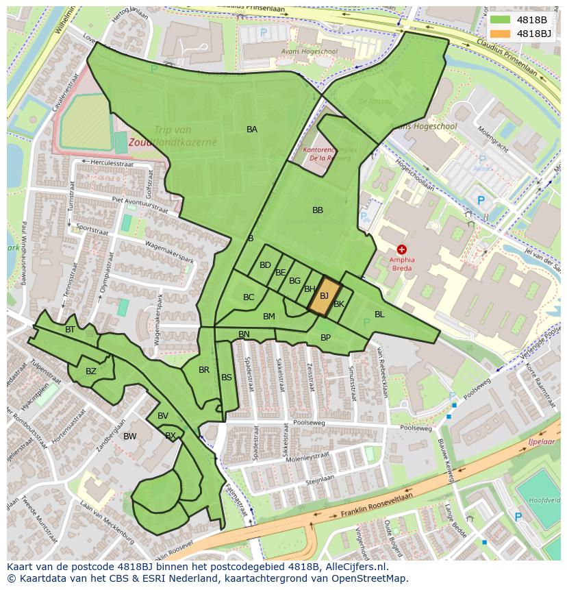 Afbeelding van het postcodegebied 4818 BJ op de kaart.