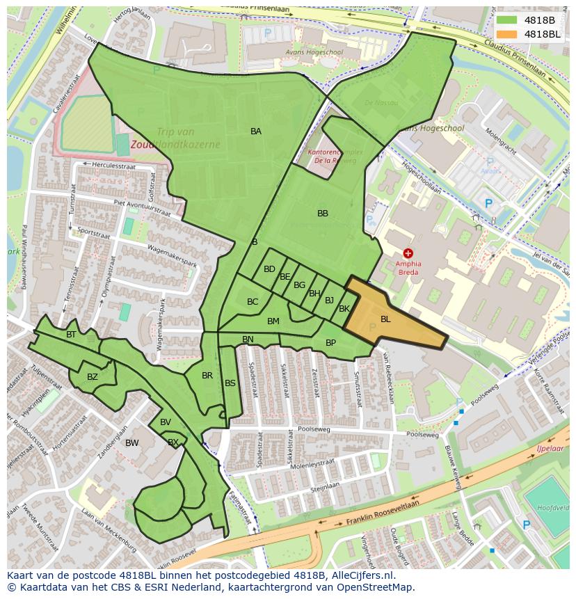 Afbeelding van het postcodegebied 4818 BL op de kaart.