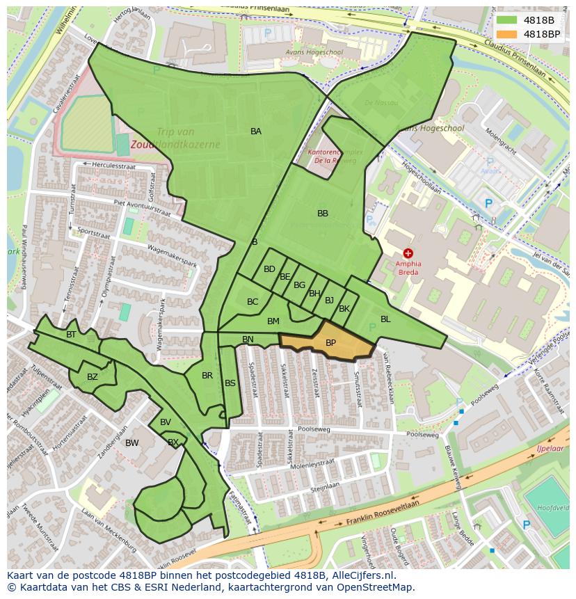 Afbeelding van het postcodegebied 4818 BP op de kaart.