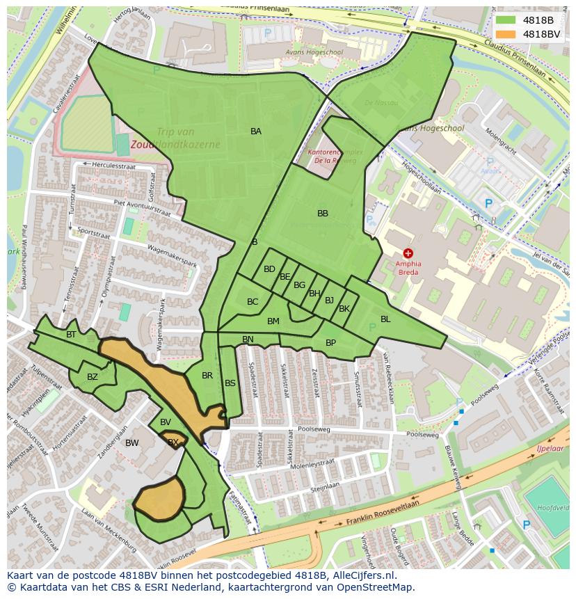Afbeelding van het postcodegebied 4818 BV op de kaart.