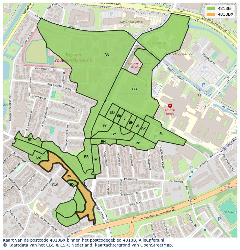 Afbeelding van het postcodegebied 4818 BX op de kaart.