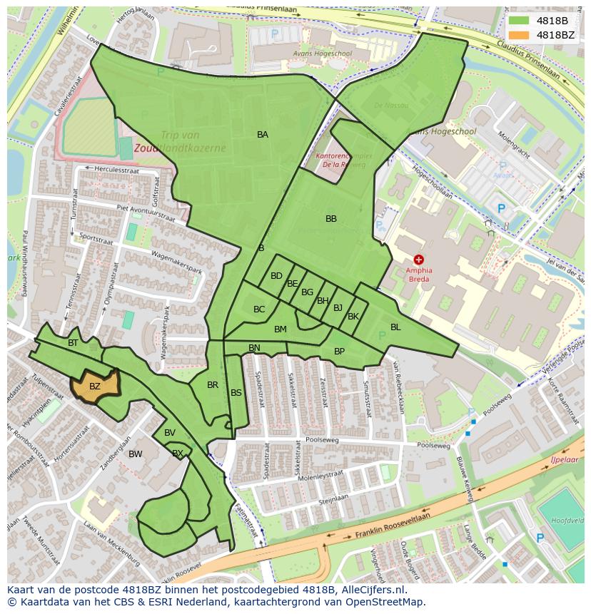 Afbeelding van het postcodegebied 4818 BZ op de kaart.