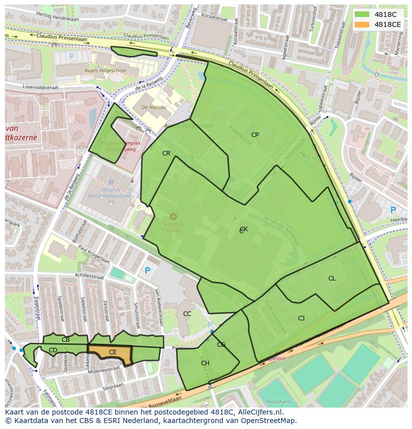Afbeelding van het postcodegebied 4818 CE op de kaart.