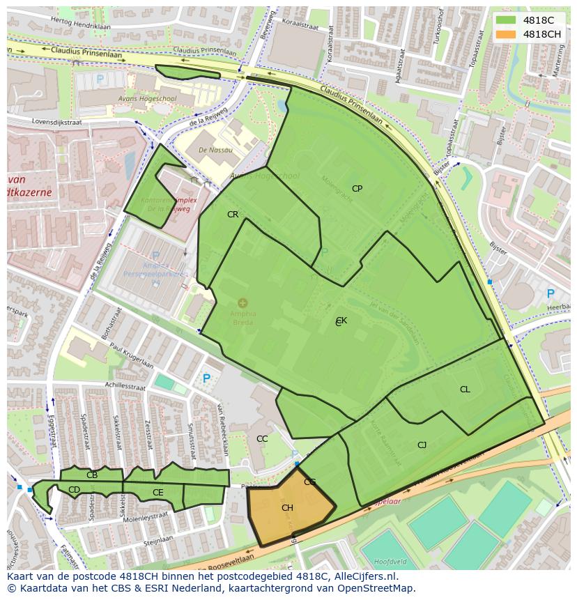 Afbeelding van het postcodegebied 4818 CH op de kaart.