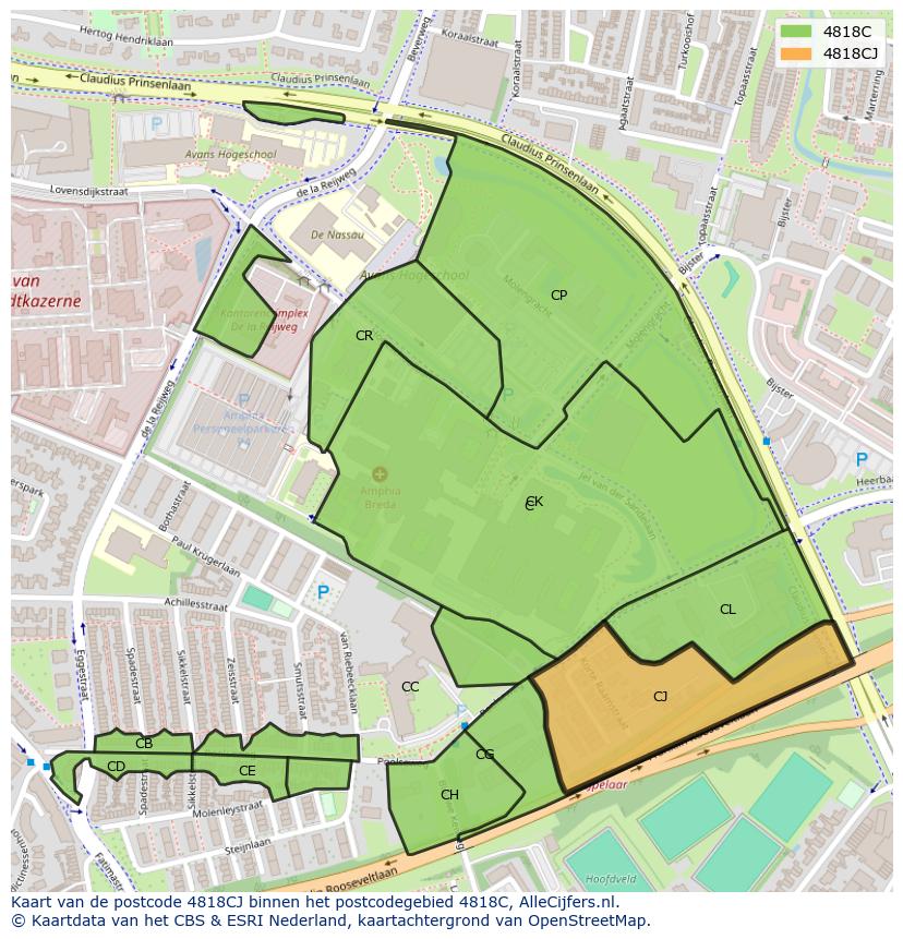 Afbeelding van het postcodegebied 4818 CJ op de kaart.