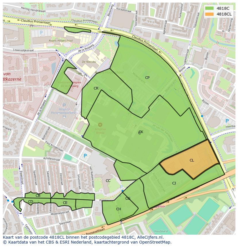 Afbeelding van het postcodegebied 4818 CL op de kaart.