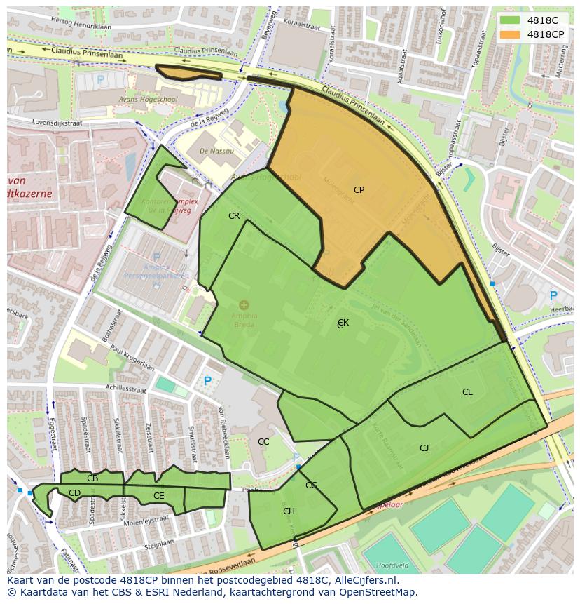 Afbeelding van het postcodegebied 4818 CP op de kaart.