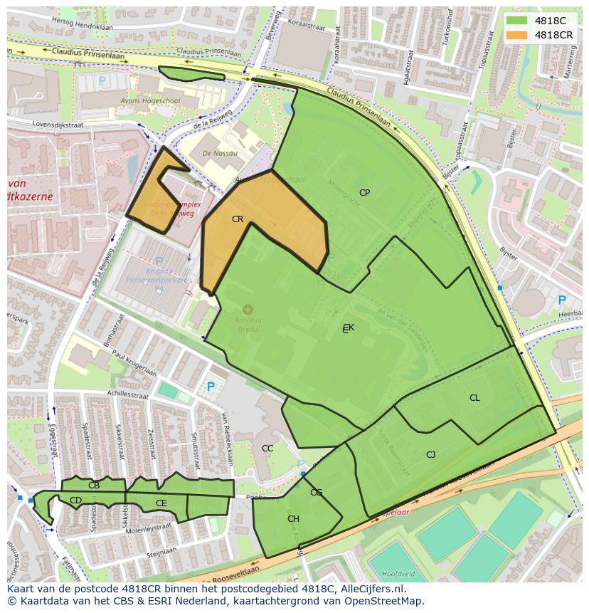 Afbeelding van het postcodegebied 4818 CR op de kaart.