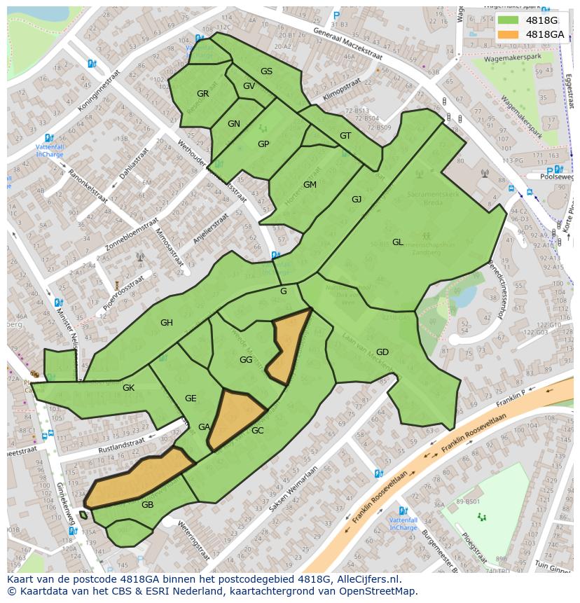 Afbeelding van het postcodegebied 4818 GA op de kaart.