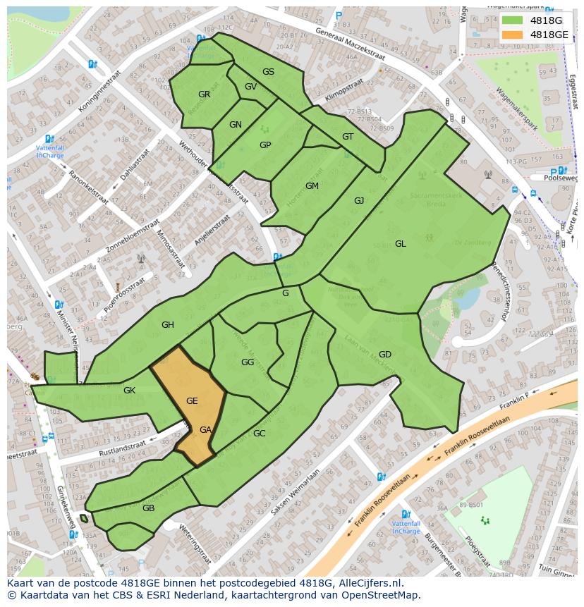 Afbeelding van het postcodegebied 4818 GE op de kaart.