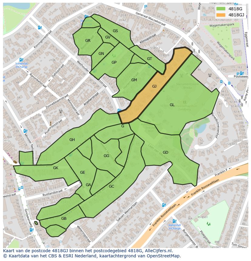 Afbeelding van het postcodegebied 4818 GJ op de kaart.