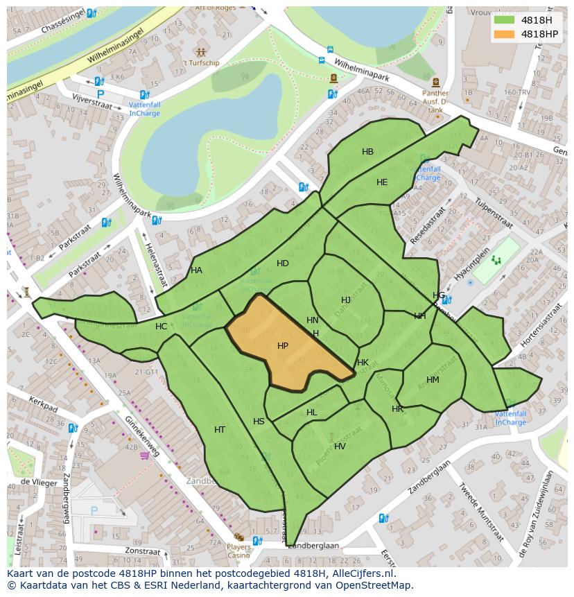 Afbeelding van het postcodegebied 4818 HP op de kaart.