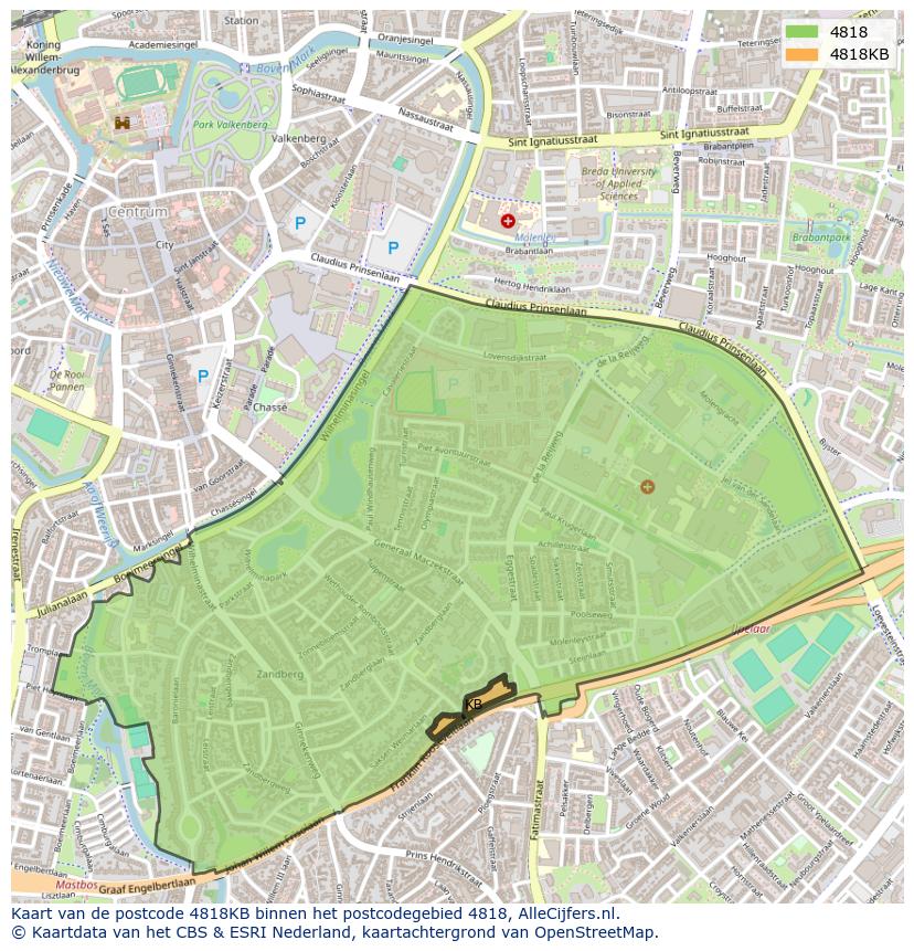 Afbeelding van het postcodegebied 4818 KB op de kaart.