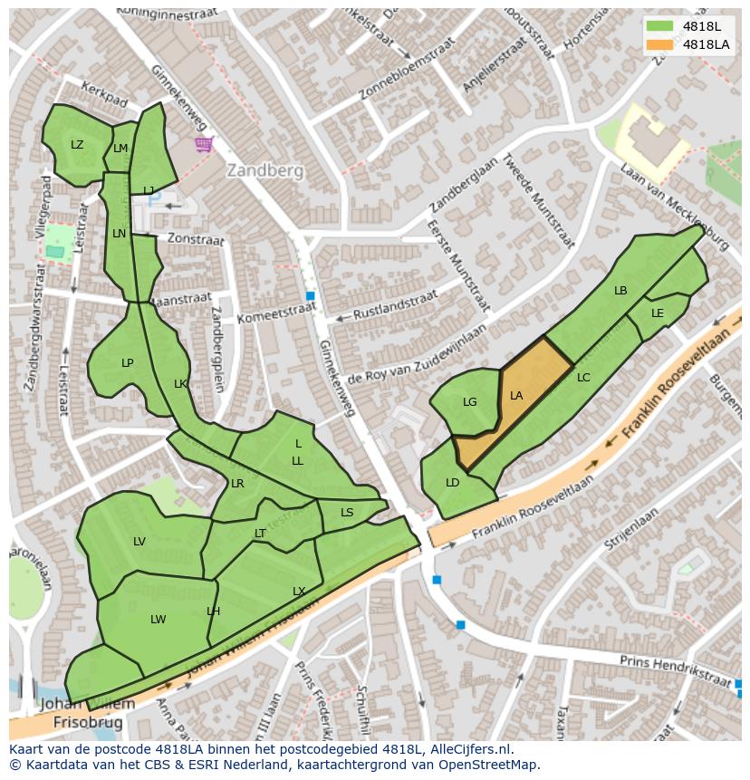 Afbeelding van het postcodegebied 4818 LA op de kaart.