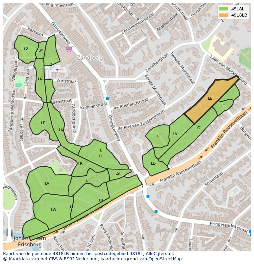 Afbeelding van het postcodegebied 4818 LB op de kaart.