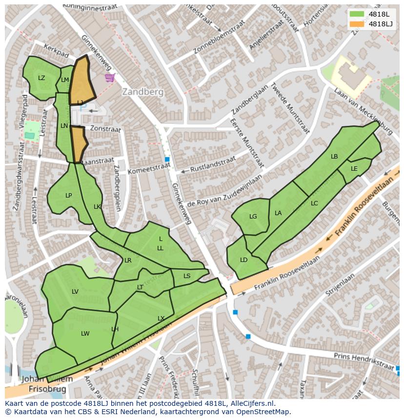 Afbeelding van het postcodegebied 4818 LJ op de kaart.