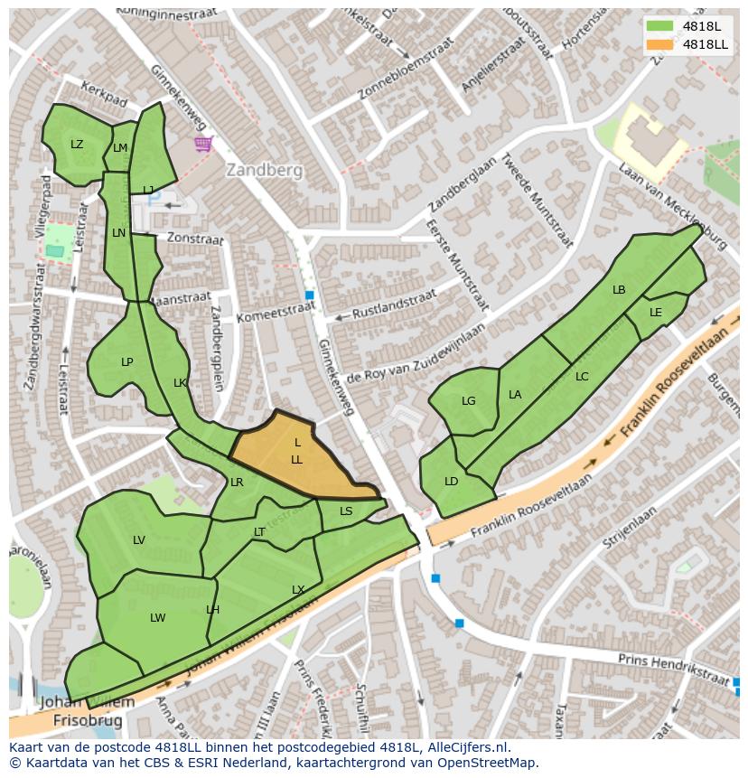 Afbeelding van het postcodegebied 4818 LL op de kaart.