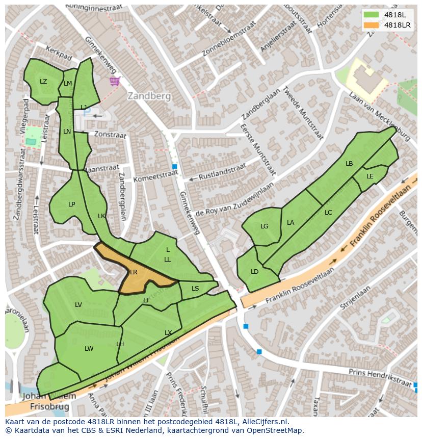 Afbeelding van het postcodegebied 4818 LR op de kaart.