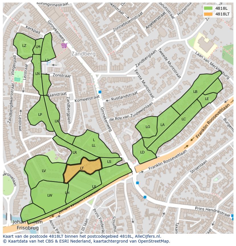 Afbeelding van het postcodegebied 4818 LT op de kaart.