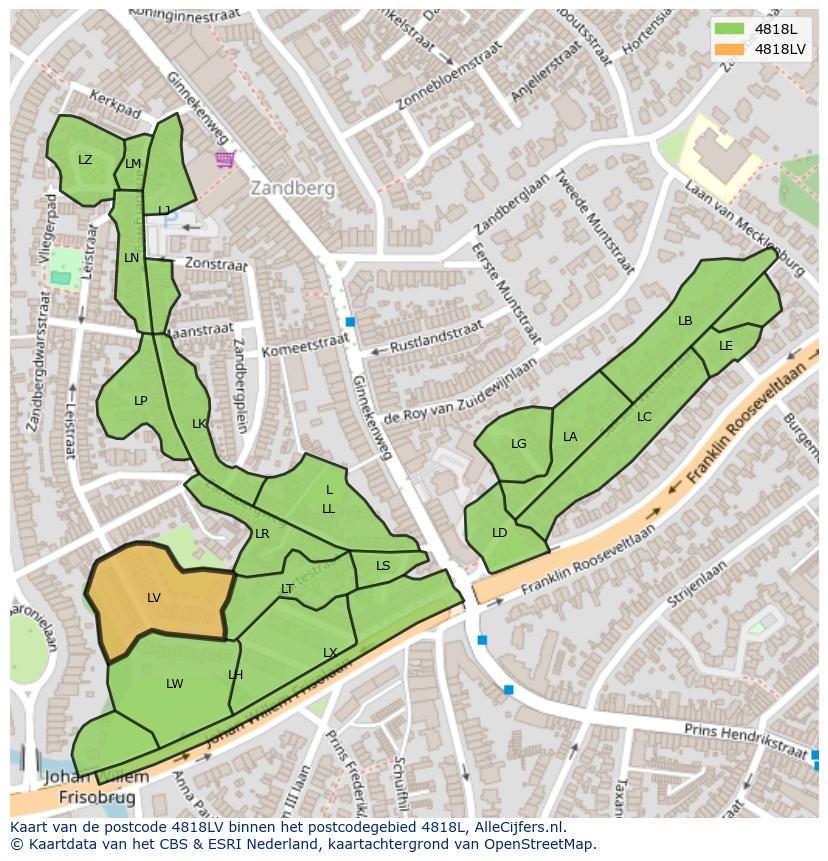 Afbeelding van het postcodegebied 4818 LV op de kaart.