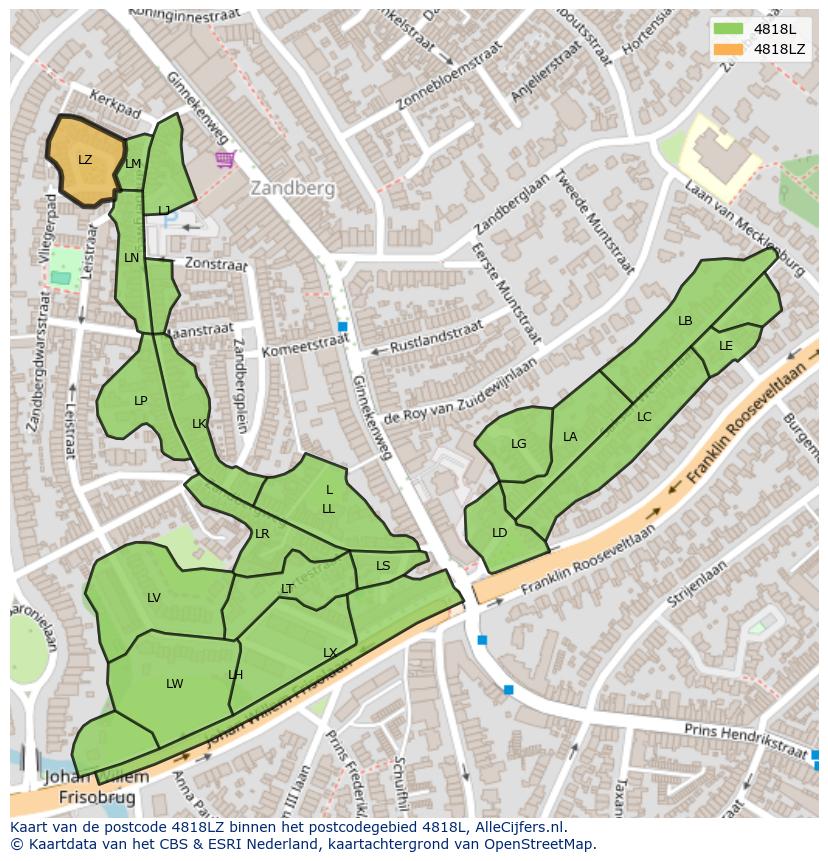 Afbeelding van het postcodegebied 4818 LZ op de kaart.
