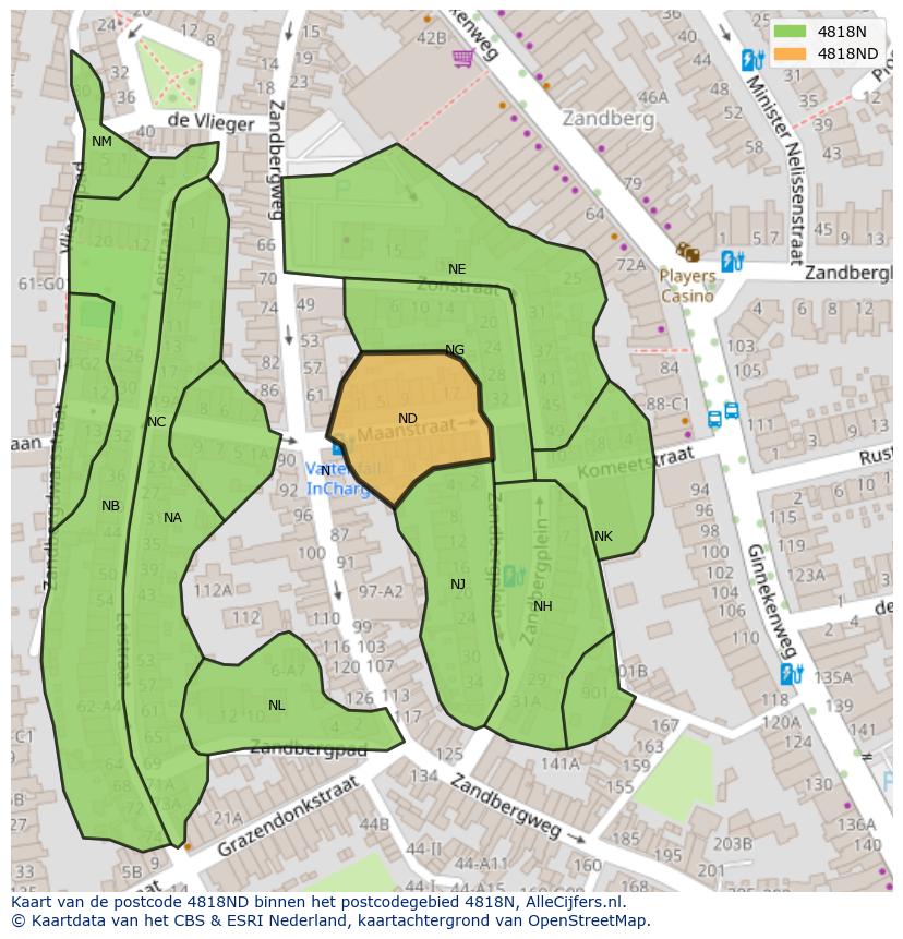 Afbeelding van het postcodegebied 4818 ND op de kaart.