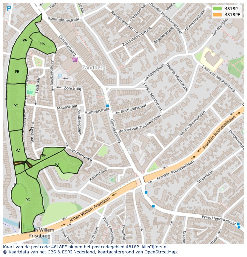 Afbeelding van het postcodegebied 4818 PE op de kaart.