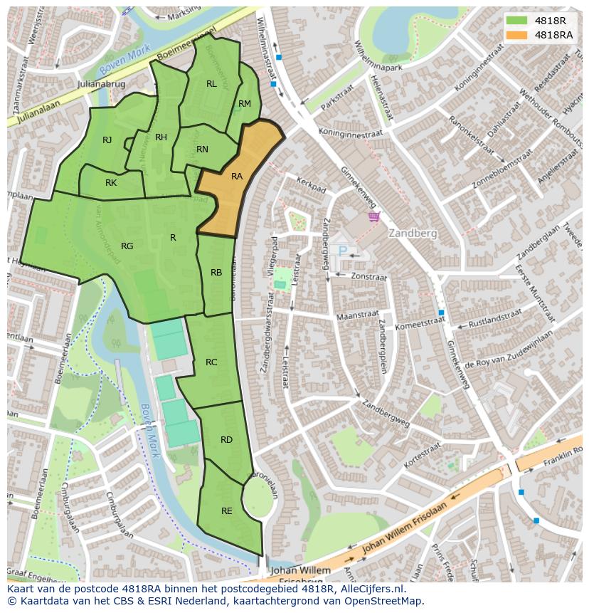 Afbeelding van het postcodegebied 4818 RA op de kaart.