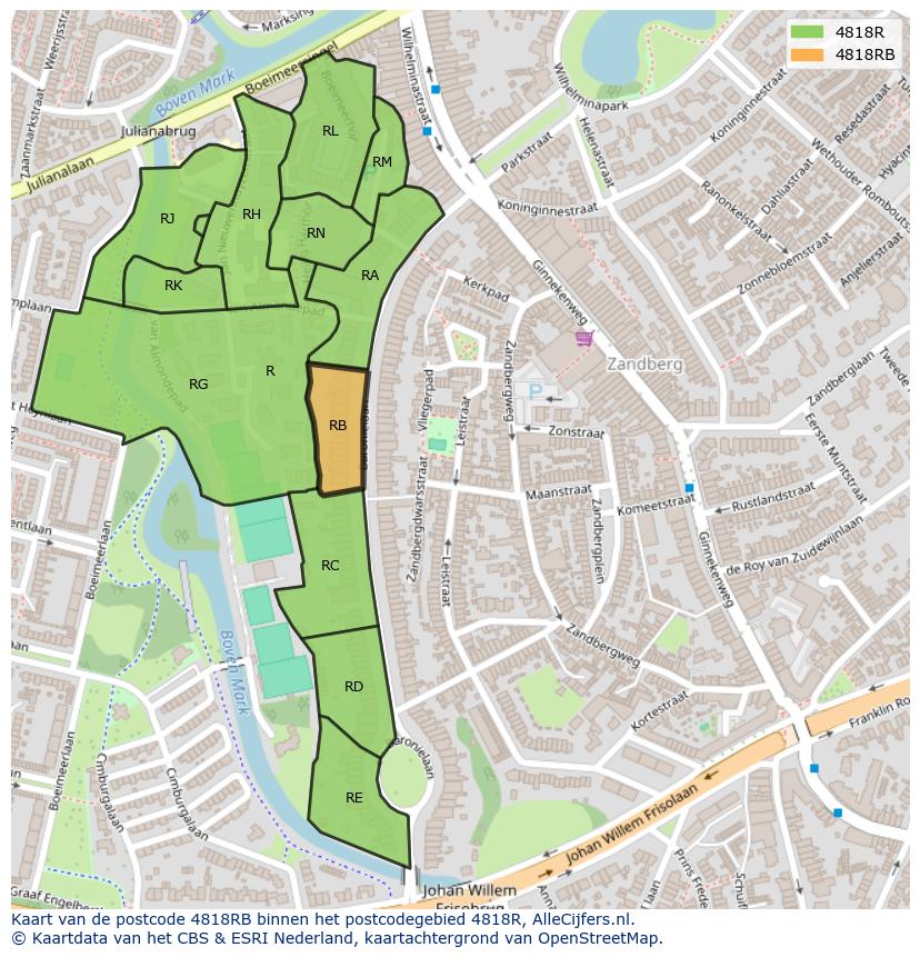 Afbeelding van het postcodegebied 4818 RB op de kaart.