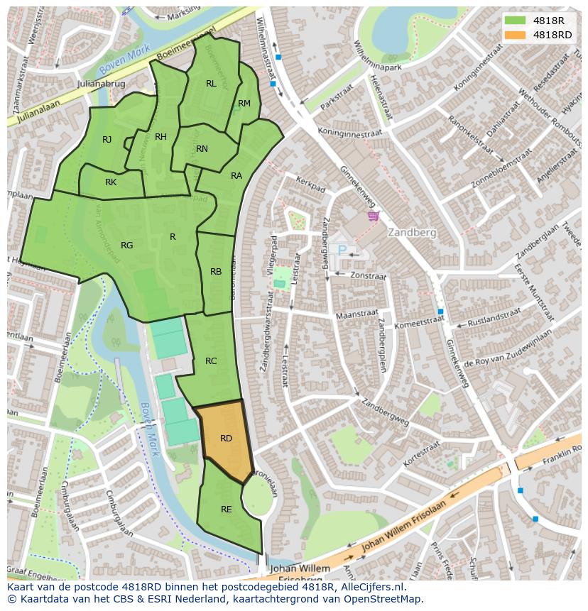 Afbeelding van het postcodegebied 4818 RD op de kaart.