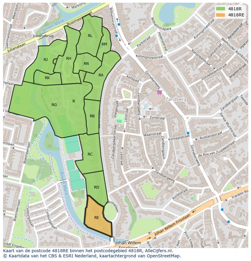 Afbeelding van het postcodegebied 4818 RE op de kaart.