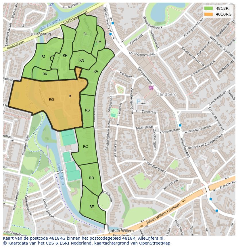 Afbeelding van het postcodegebied 4818 RG op de kaart.