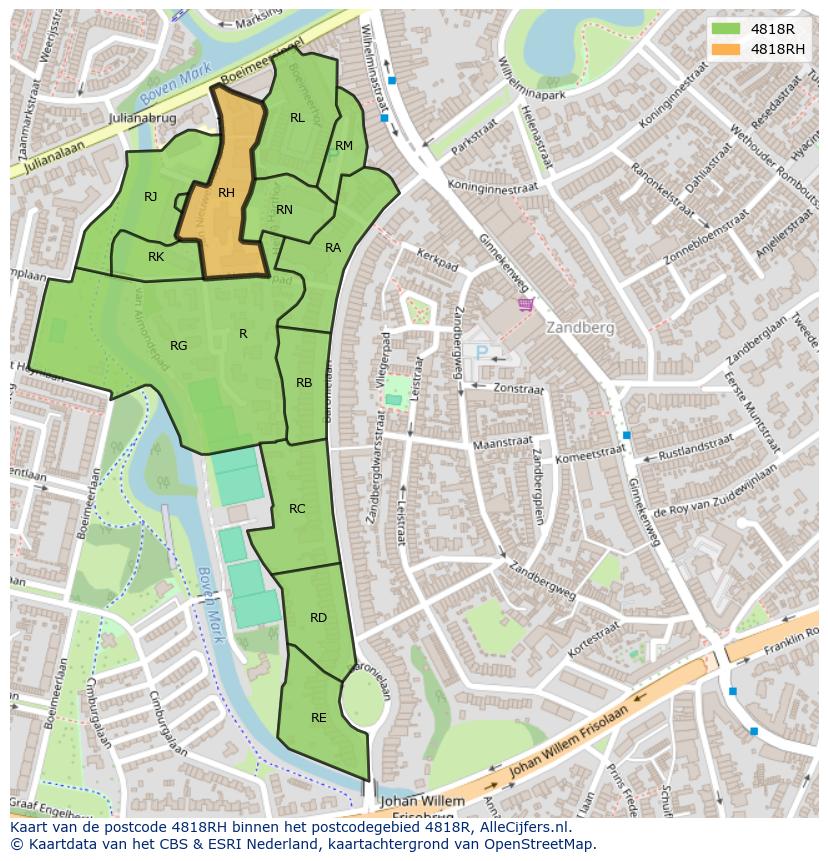 Afbeelding van het postcodegebied 4818 RH op de kaart.