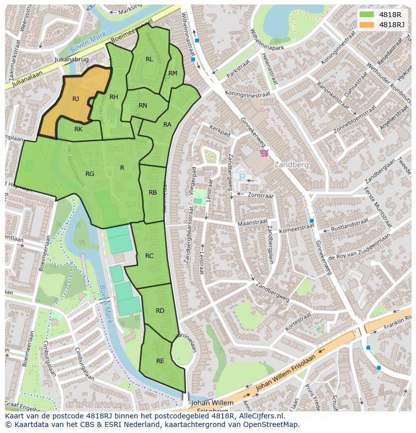 Afbeelding van het postcodegebied 4818 RJ op de kaart.