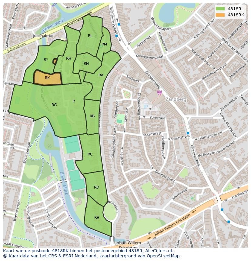 Afbeelding van het postcodegebied 4818 RK op de kaart.