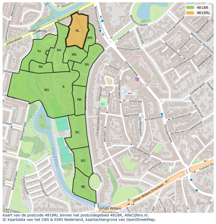 Afbeelding van het postcodegebied 4818 RL op de kaart.
