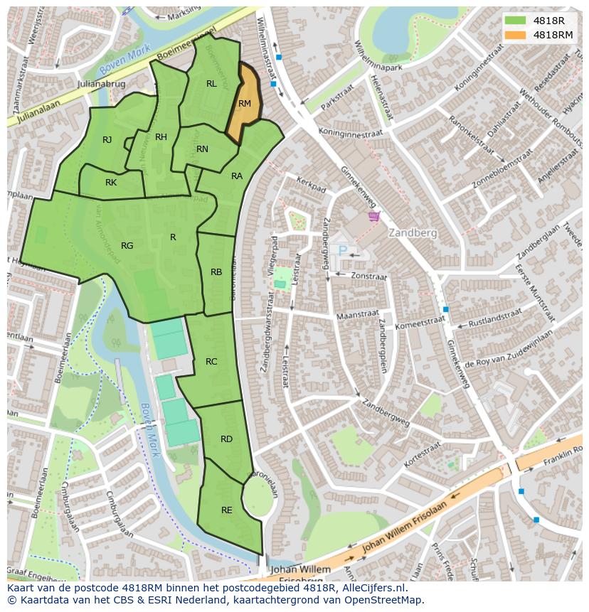 Afbeelding van het postcodegebied 4818 RM op de kaart.