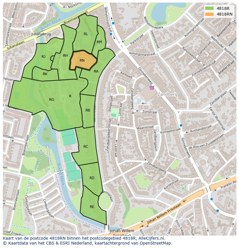 Afbeelding van het postcodegebied 4818 RN op de kaart.