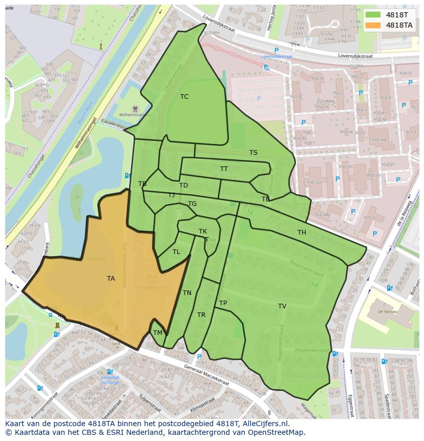 Afbeelding van het postcodegebied 4818 TA op de kaart.