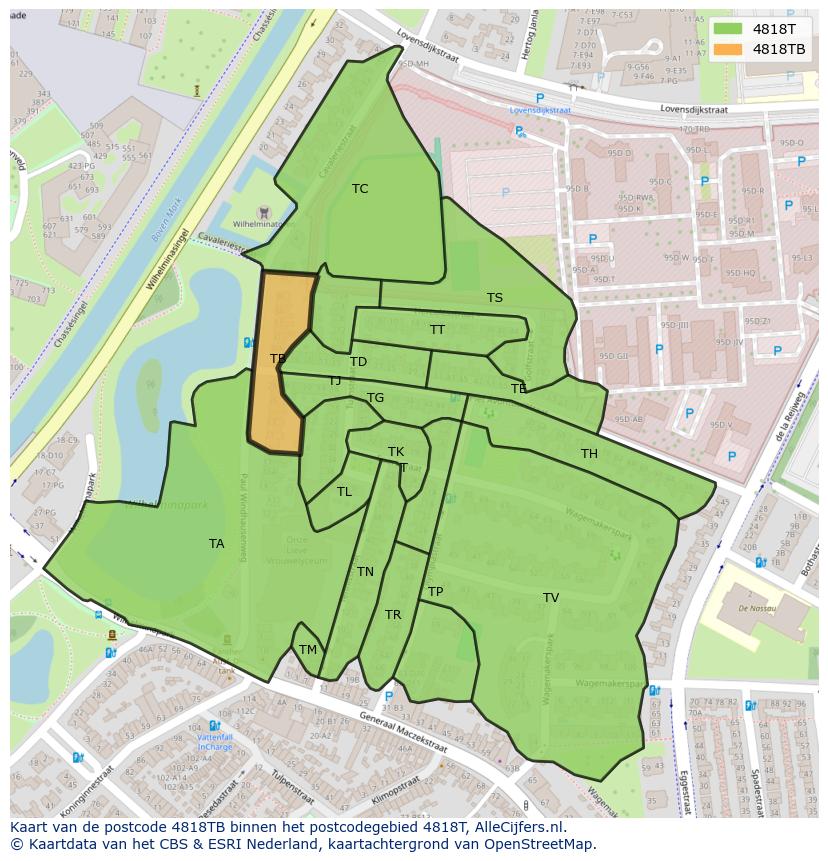 Afbeelding van het postcodegebied 4818 TB op de kaart.