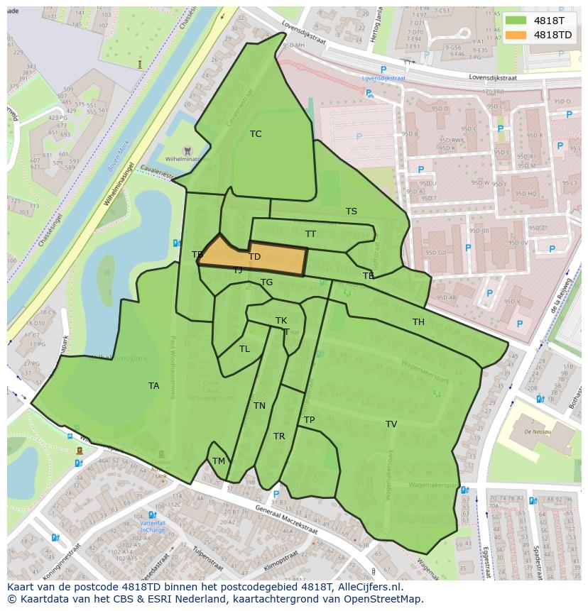 Afbeelding van het postcodegebied 4818 TD op de kaart.