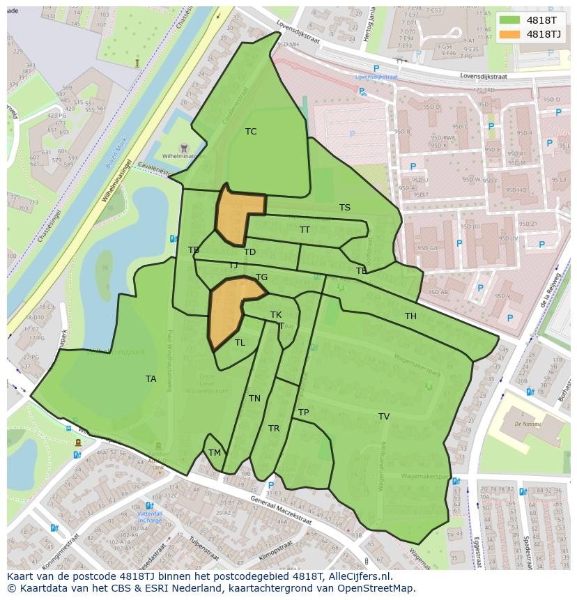 Afbeelding van het postcodegebied 4818 TJ op de kaart.
