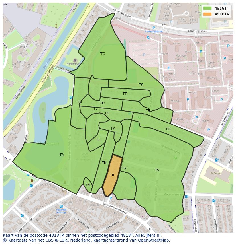 Afbeelding van het postcodegebied 4818 TR op de kaart.