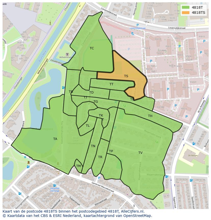 Afbeelding van het postcodegebied 4818 TS op de kaart.